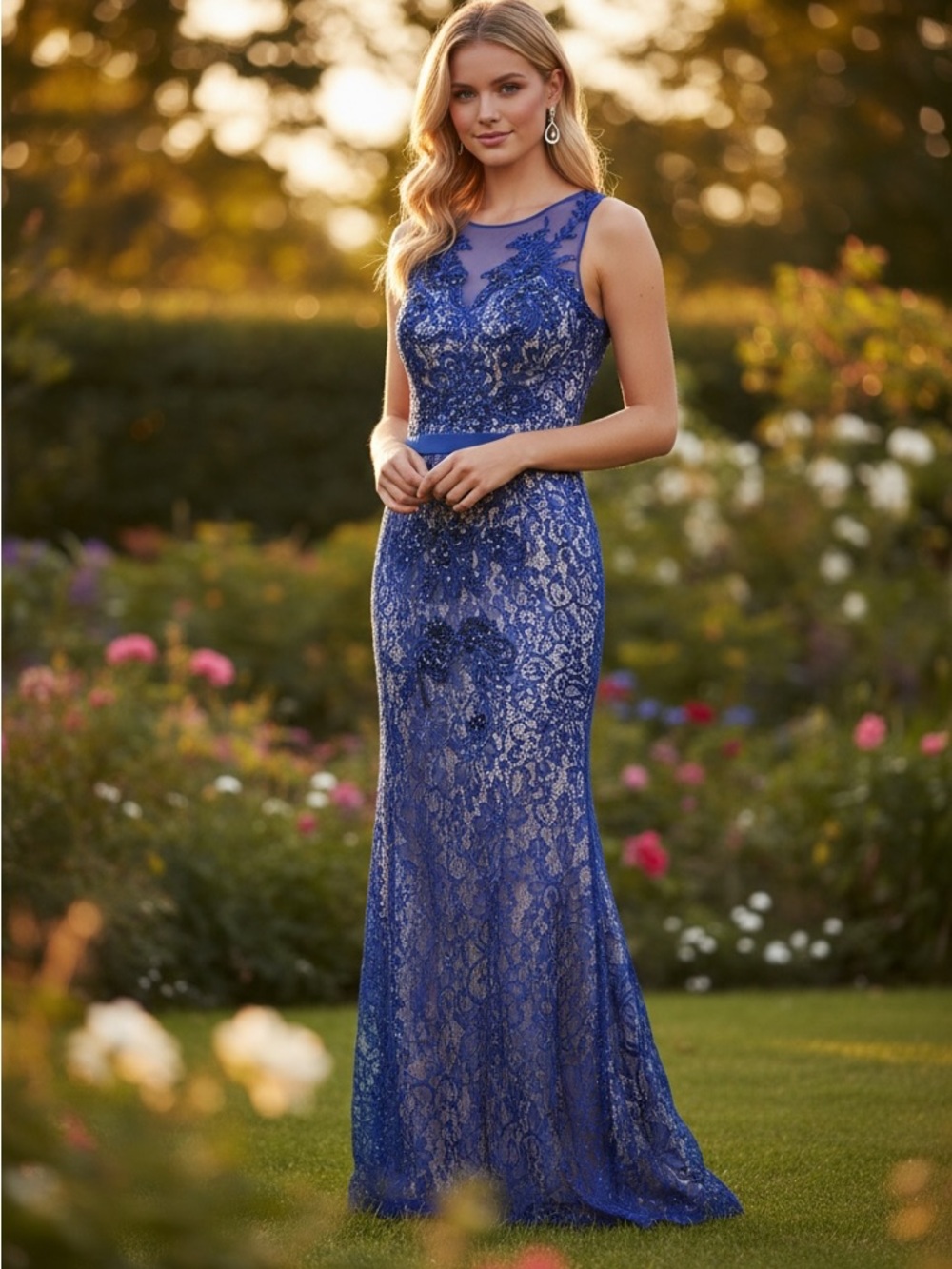💙Sleeveless Cobalt Lace Evening Dress with Illusion Neckline